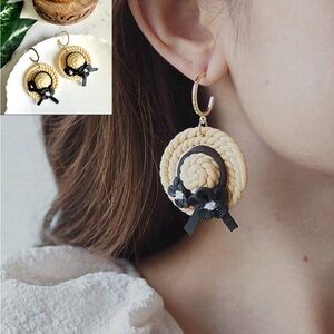 2/$30🌵 Straw Hat Polymer Clay with Black Flower Gold Hoop Earrings Boho Large